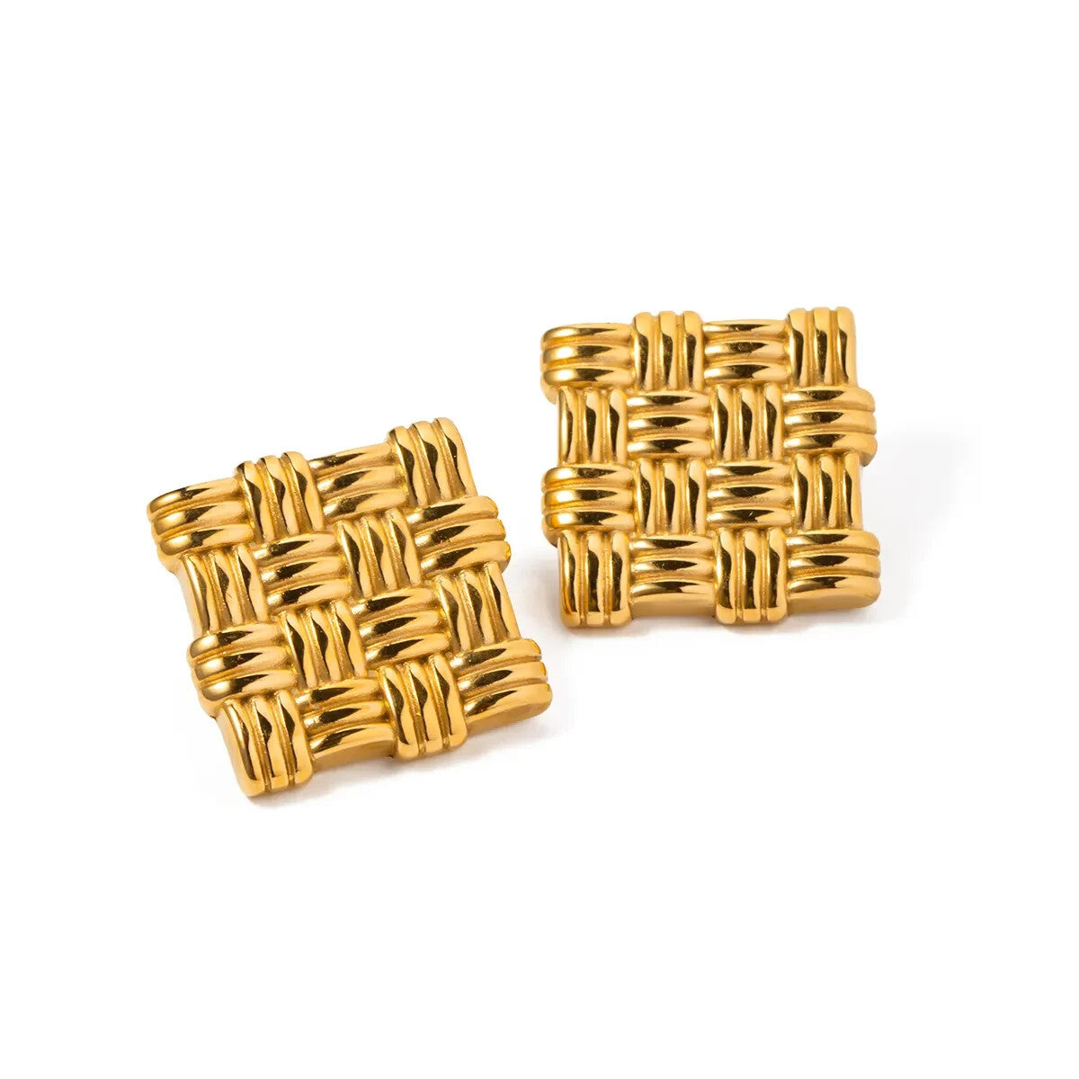 18K Gold Plated Stainless Steel Thick Square Woven Design Stud Earring for Women3