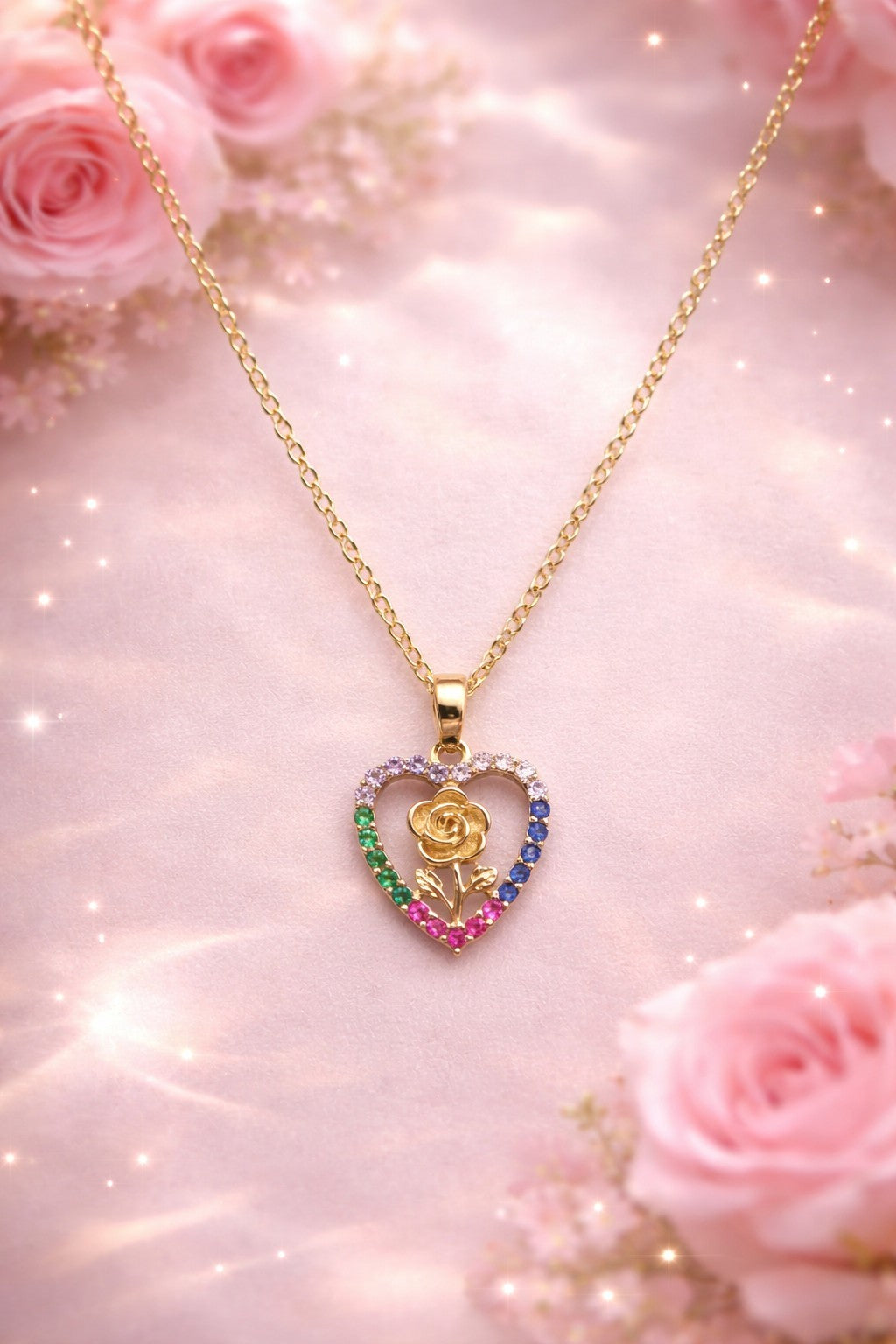 18K Gold Plated Heart Jewelry Set Multicolor Rose Necklace Earrings4