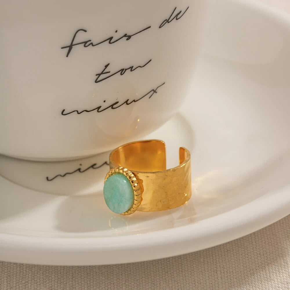 18K Gold Plated Amazonite Stone Wide Ring, Stainless Steel Jewelry for Women2
