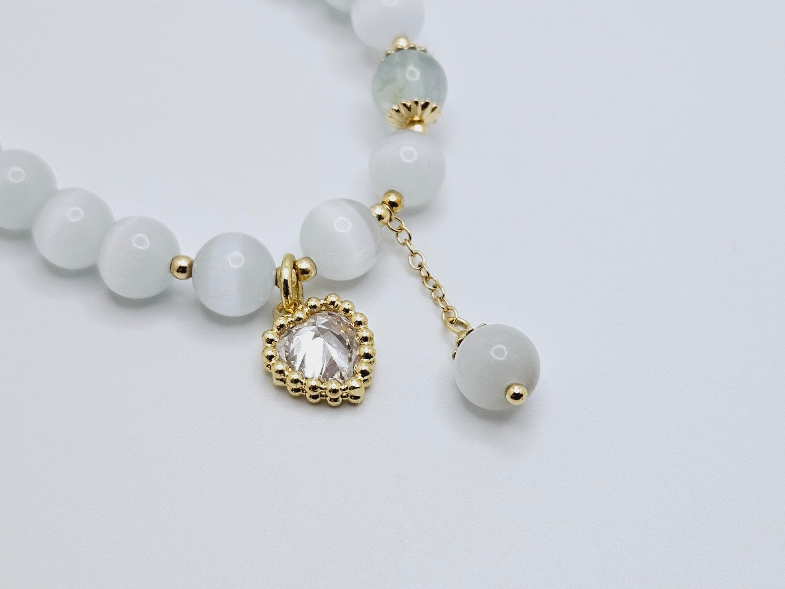 Opal Crystal Stone Beaded Bracelet with Dangle Heart and Ball Charms, For Women2
