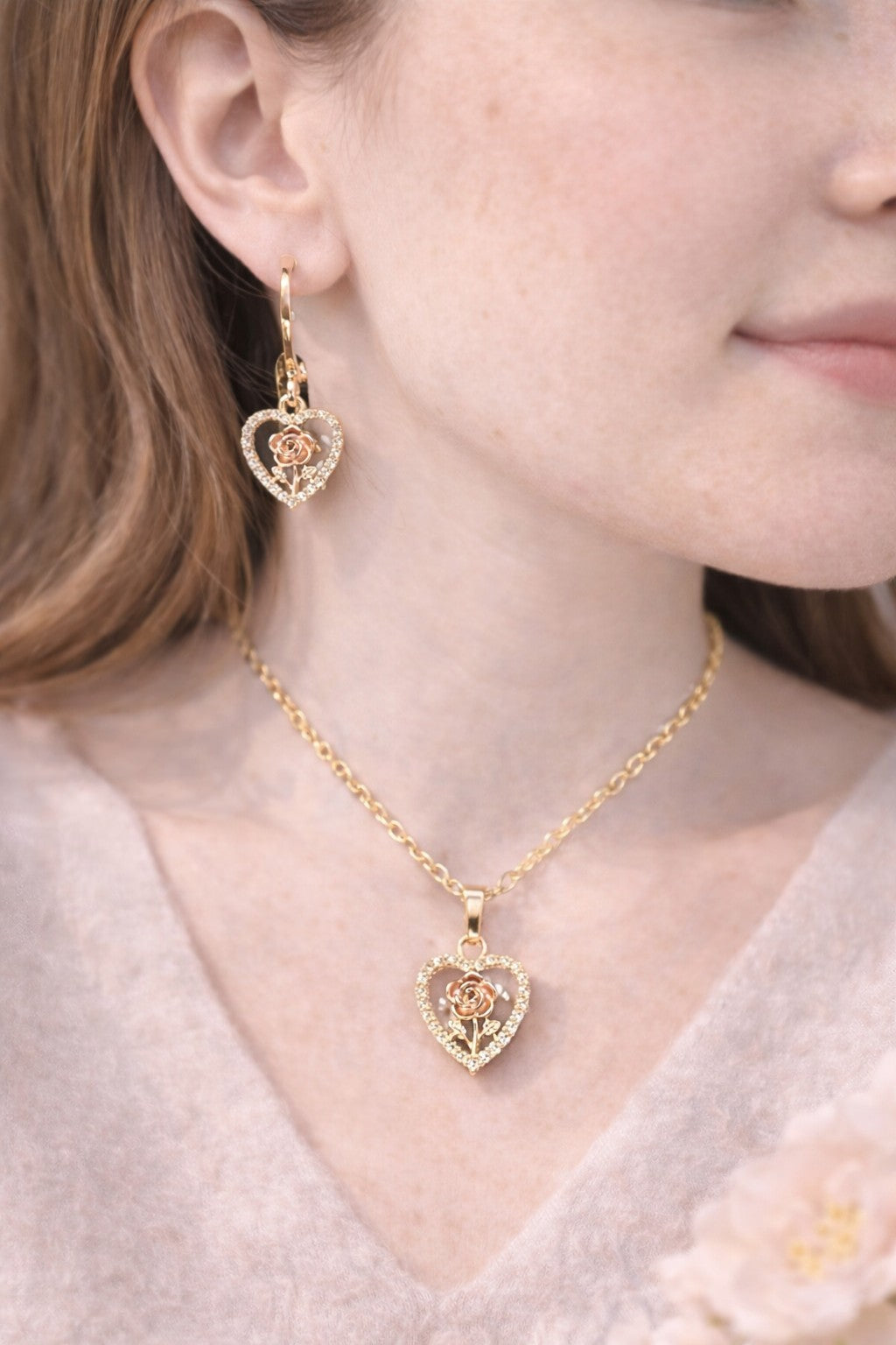 18K Gold Plated Heart Jewelry Set Yellow CZ Rose Necklace Earrings1