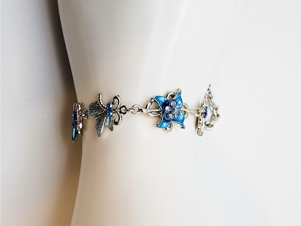 Enamel Rhinestone Flower and Half Butterfly Design, Silver Link Chain Bracelet2