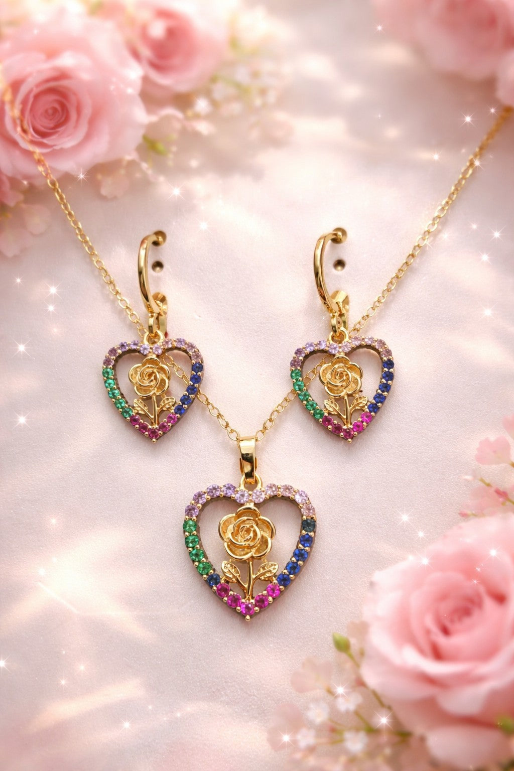 18K Gold Plated Heart Jewelry Set Multicolor Rose Necklace Earrings0