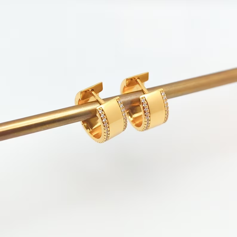 18K Gold Plated Wide Huggie Hoop Earrings with Cubic Zirconia Border for Women3
