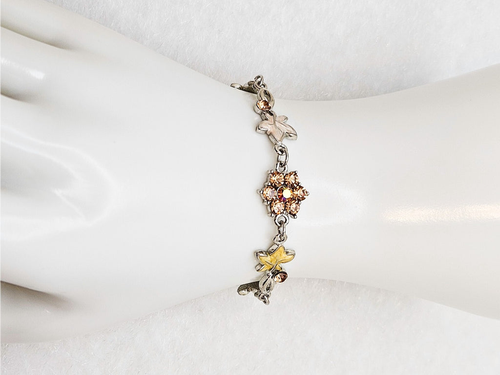 Enamel Rhinestone Flower and Leaf Design, Silver Link Chain Bracelet2