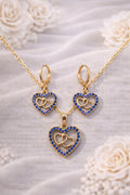 18K Gold Plated Double Heart Jewelry Set Blue CZ Necklace & Earrings0