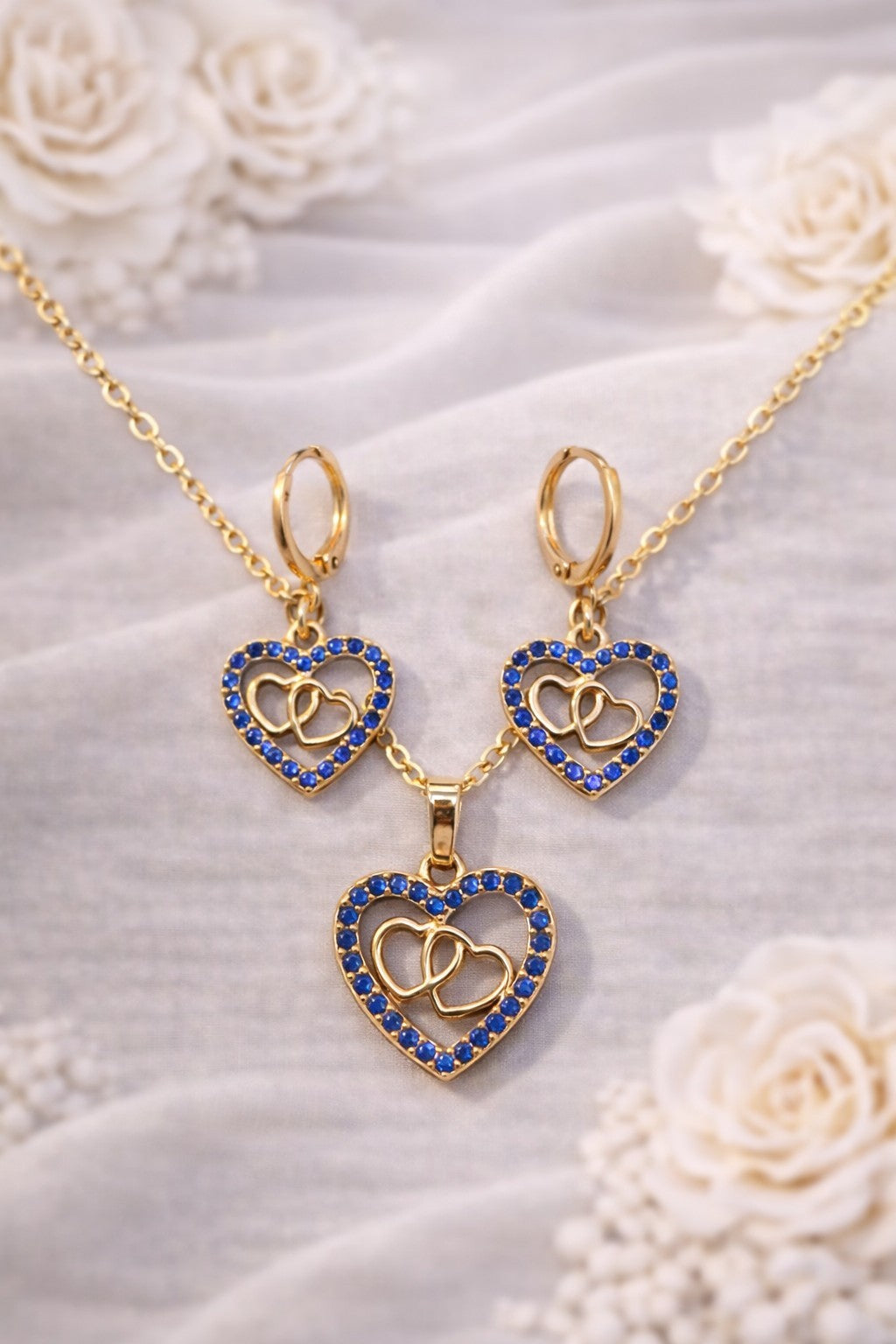 18K Gold Plated Double Heart Jewelry Set Blue CZ Necklace & Earrings0