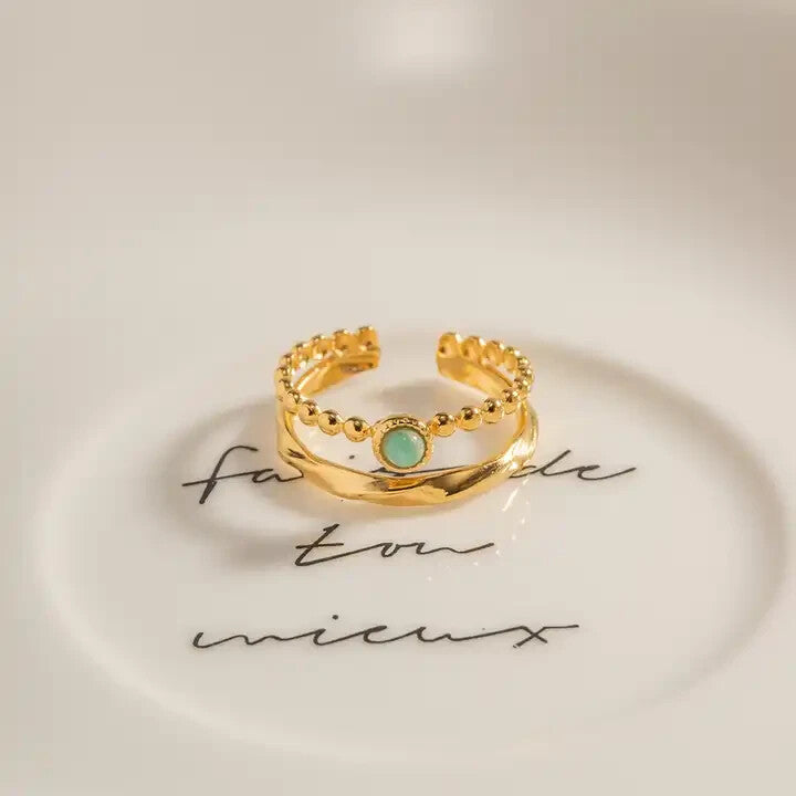 18K Gold Plated Adjustable Open Double Layer Amazonite Ring for Women2