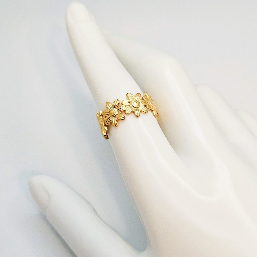 18K Gold Plated Open Adjustable Sunflower Ring, Stainless Steel Jewelry5