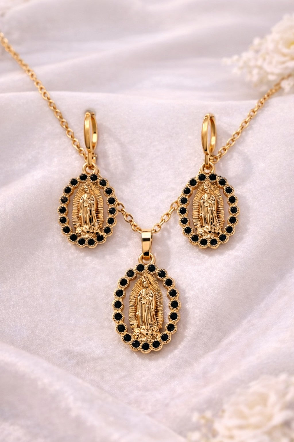 18K Gold Plated Virgin Mary Necklace & Earrings Jewelry Set Black Cubic Zirconia0