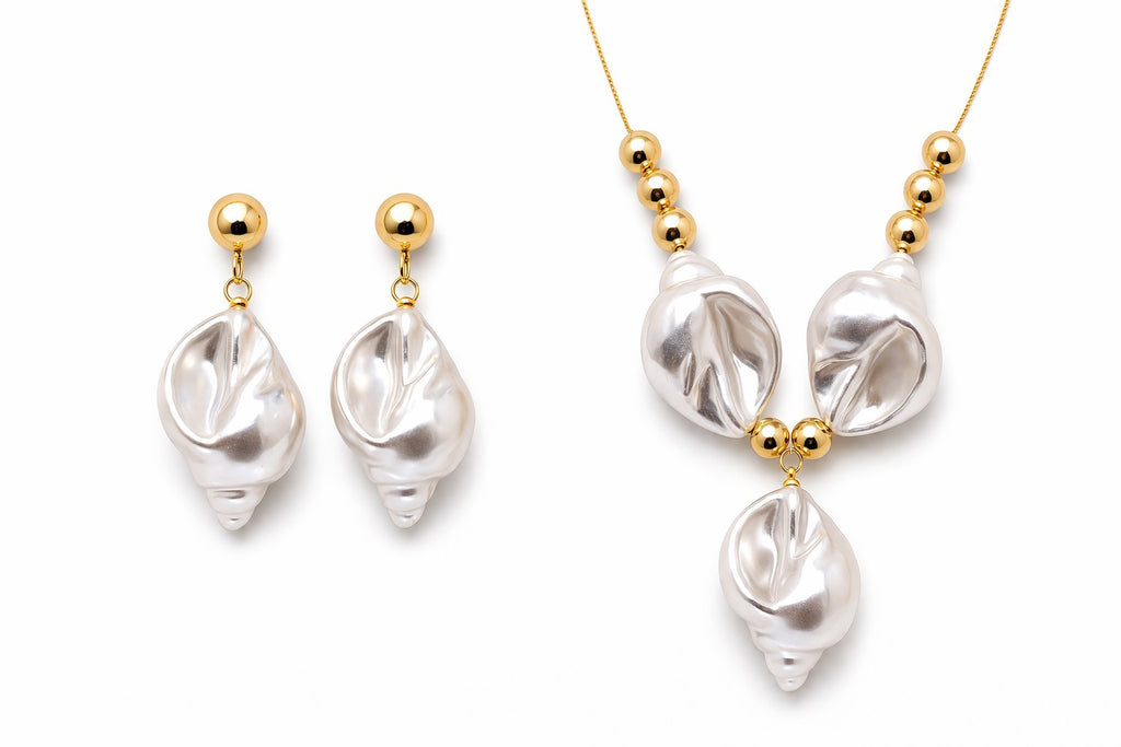 18K Gold Plated Chunky Shell Faux Pearl Necklace & Earrings Set Adjustable0