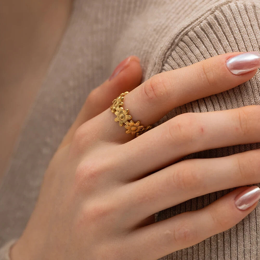 18K Gold Plated Open Adjustable Sunflower Ring, Stainless Steel Jewelry6