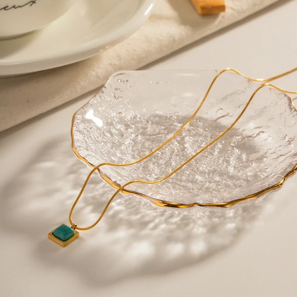 18K Gold Plated Square Shaped Turquoise Stone Pendant, Statement Necklace2