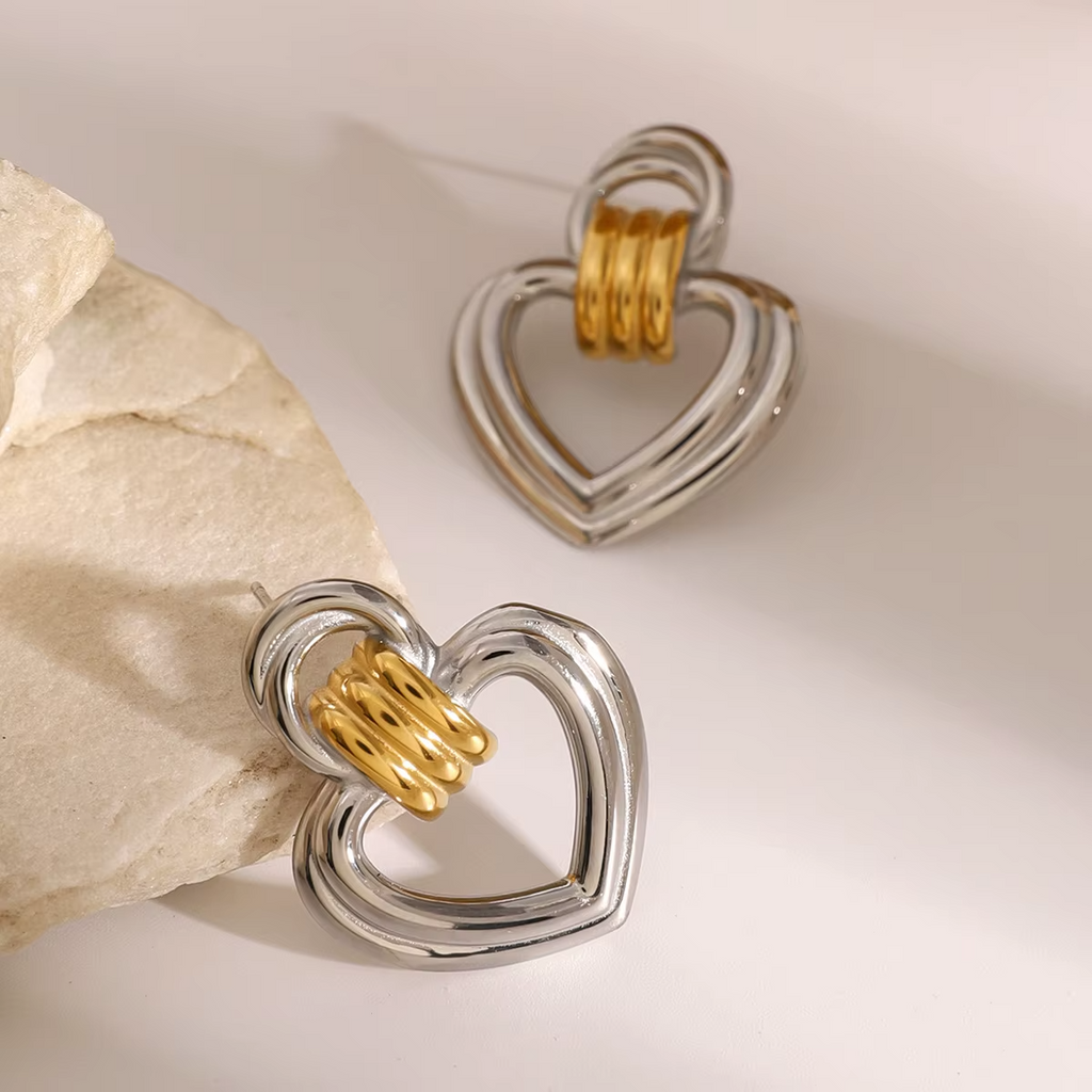 18k Gold Plated Stainless Steel Two-Tone Ribbed Heart Stud Earrings for Women3