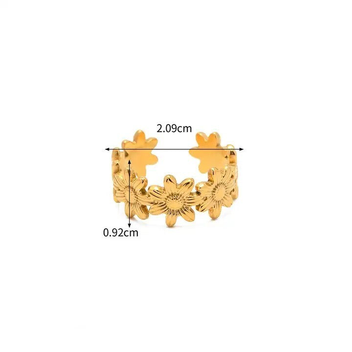 18K Gold Plated Open Adjustable Sunflower Ring, Stainless Steel Jewelry7