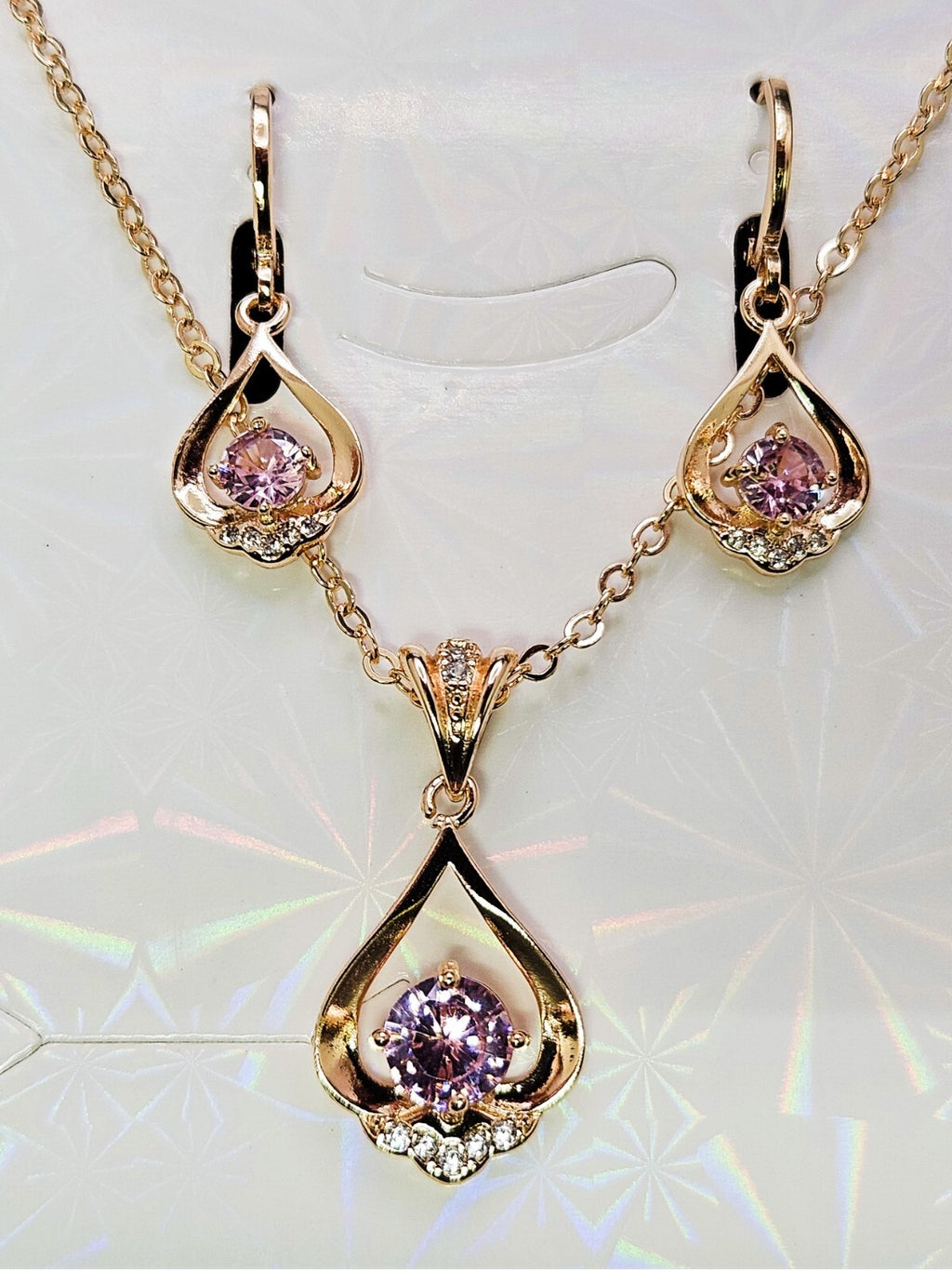 18K Gold Plated Necklace and Earring set 3 piece with Soft Pink & Cubic Zirconia1