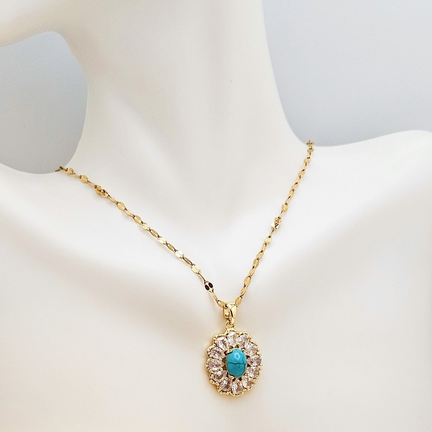 18K Gold Plated Oval Turquoise Pendant Necklace with Dazzling Cubic Zirconia3
