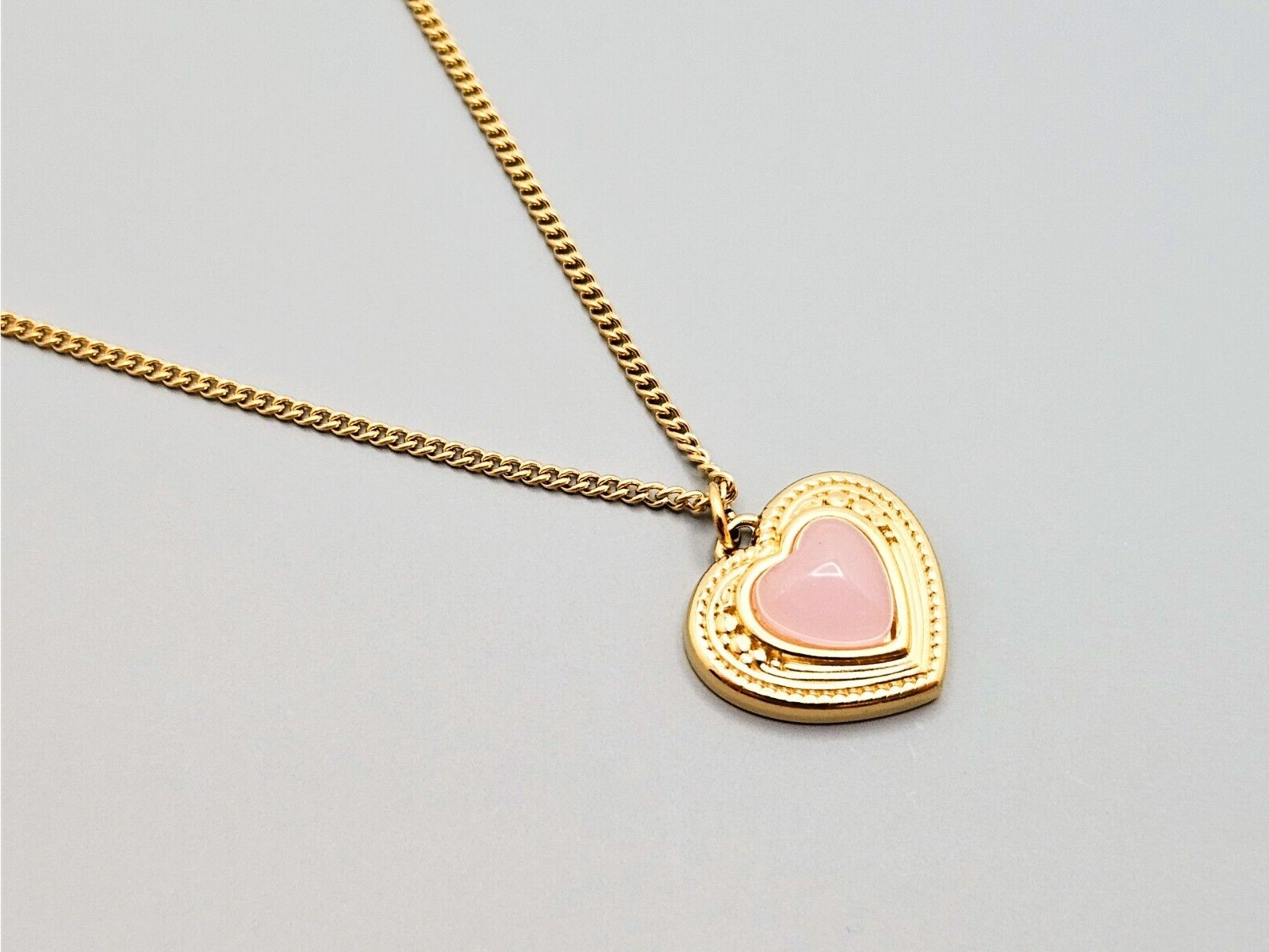 18K Gold Plated Stainless Steel Heart Pendant Necklace, Heart Pink Stone0