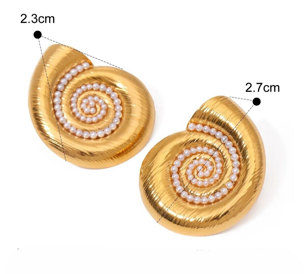 18K Gold Plated Stainless Steel Conch Spiral with Pearl Stud Earring for Women3