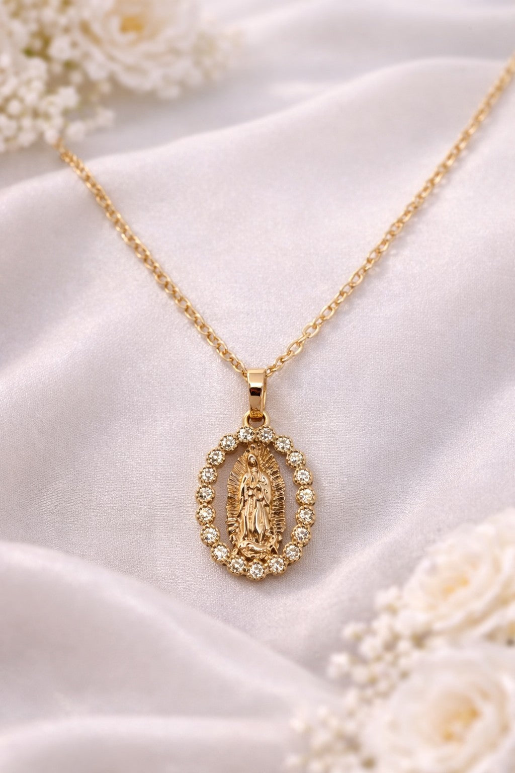 18K Gold Plated Virgin Mary CZ Necklace & Earrings Jewelry Set Oval Pendant2