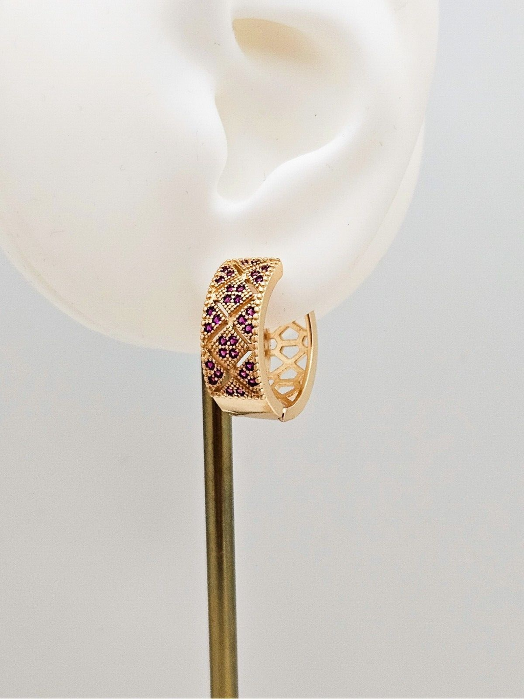 18K Gold Plated Design Hoop Earrings, with Purple Cubic Zirconia3