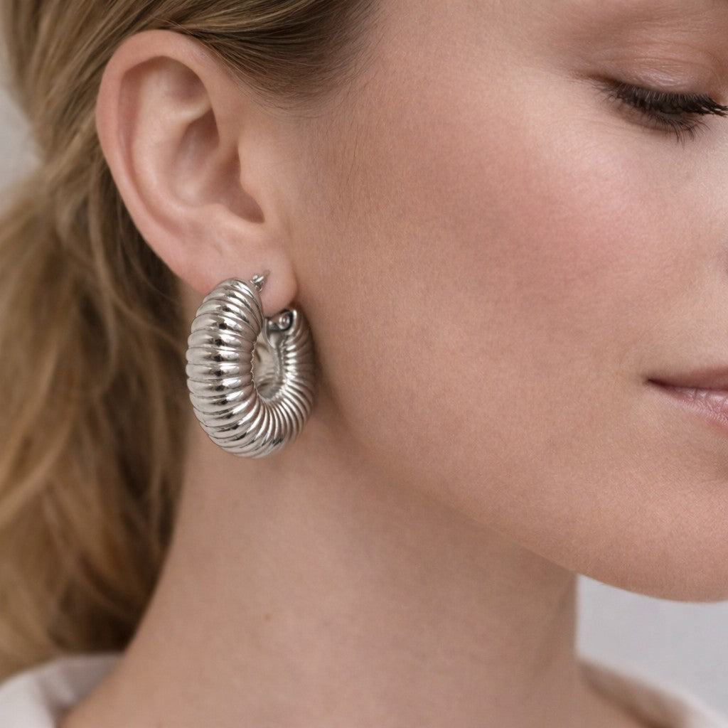 Silver Plated Stainless Steel Chunky Croissant Hoop Earring for women0