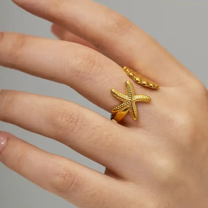 18K Gold Plated Shell and Starfish Design, Adjustable Open Ring for Women4