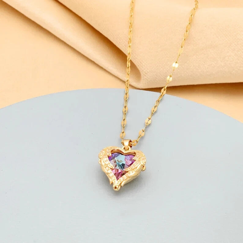 18K Gold Plated Stainless Steel Colorful Heart Crystal For women Girls1