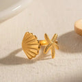 18K Gold Plated Shell and Starfish Design, Adjustable Open Ring for Women0