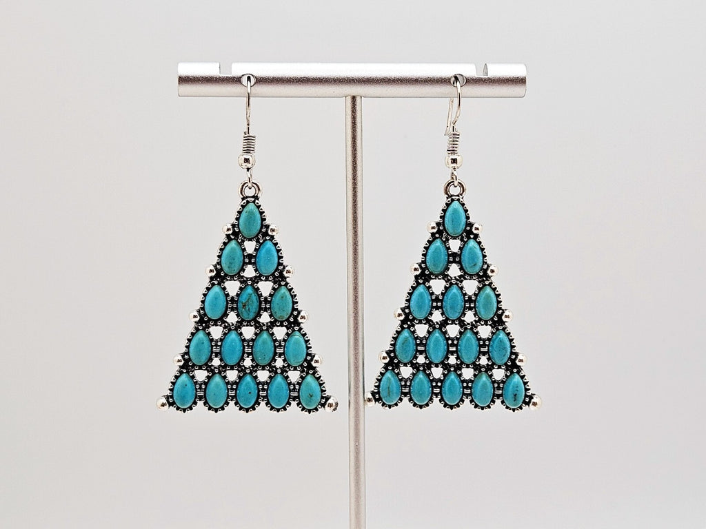 Silver Plated Turquoise Concho Drop Dangle Earrings, Geometric Design Earrings0