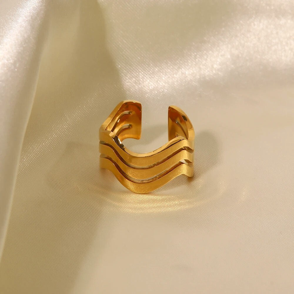 18K Gold Plated Chunky Three Layer Wave Open Ring, Stainless Steel Jewelry1