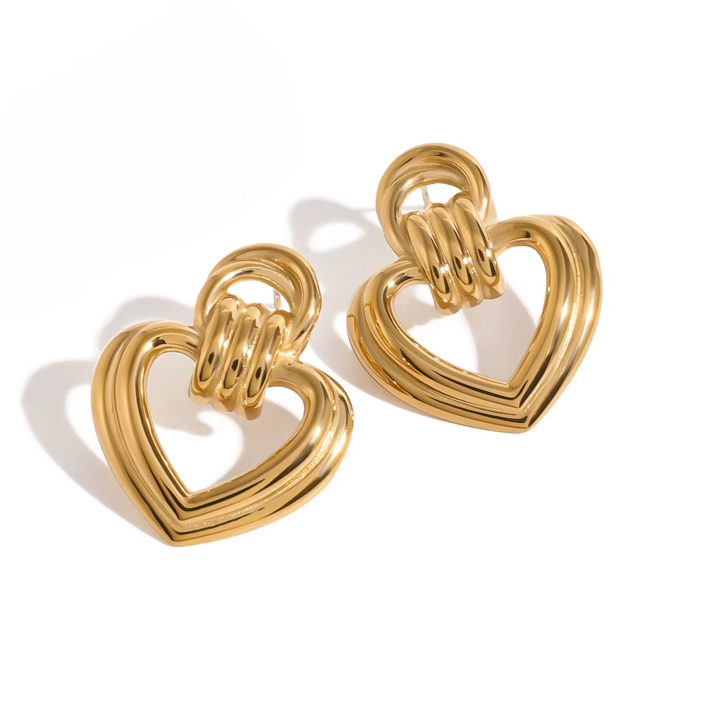 18k Gold Plated Stainless Steel Ribbed Heart-shaped Stud Earrings for Women0