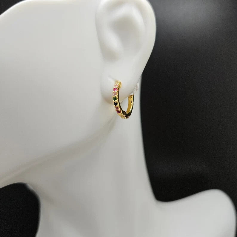 18K Gold Plated Multi-Color Cubic Zirconia Mini Hoop Earrings for Kids or Adults0