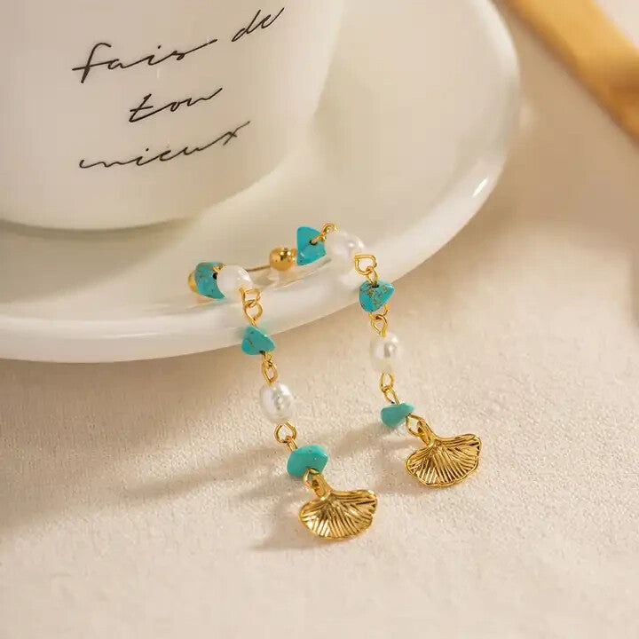 18K Gold Plated Natural Turquoise and Pearl Tassel Drop Earrings for Women1