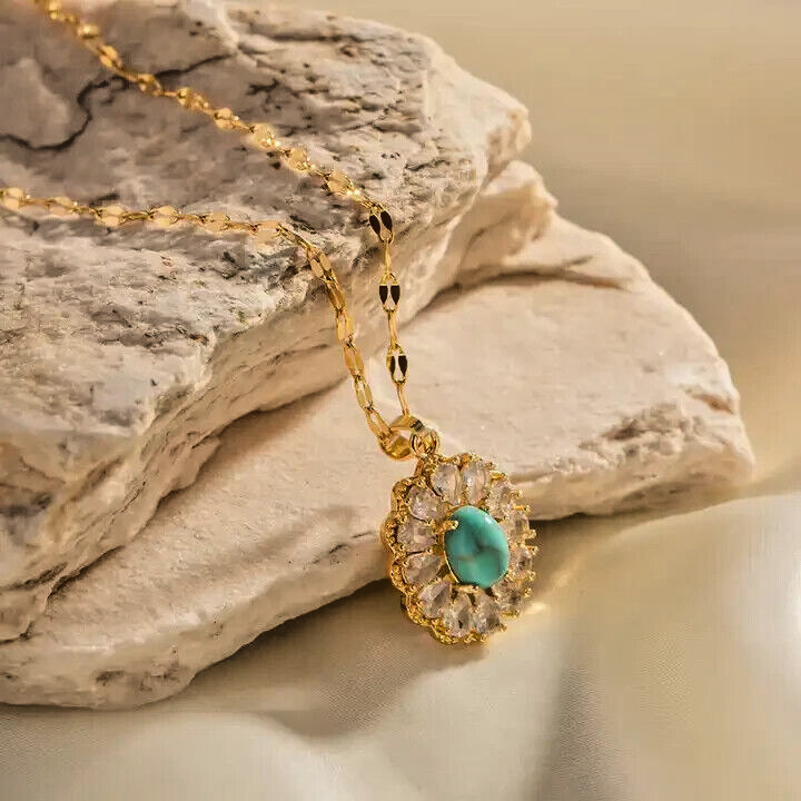 18K Gold Plated Oval Turquoise Pendant Necklace with Dazzling Cubic Zirconia5
