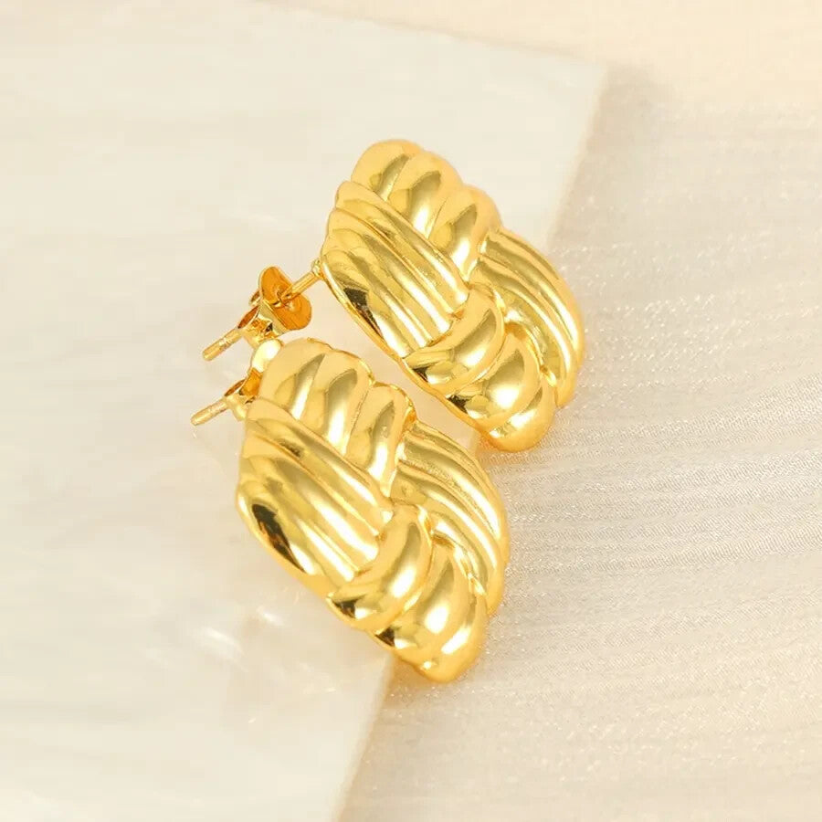 18K Gold Plated Square Stud Earrings Women Bold Woven Vintage Look 21mm6