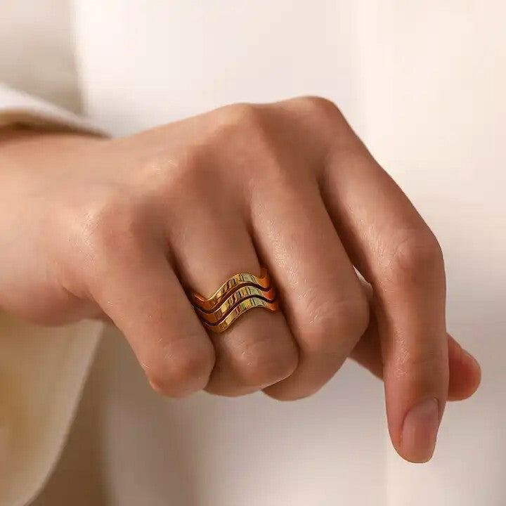 18K Gold Plated Chunky Three Layer Wave Open Ring, Stainless Steel Jewelry6