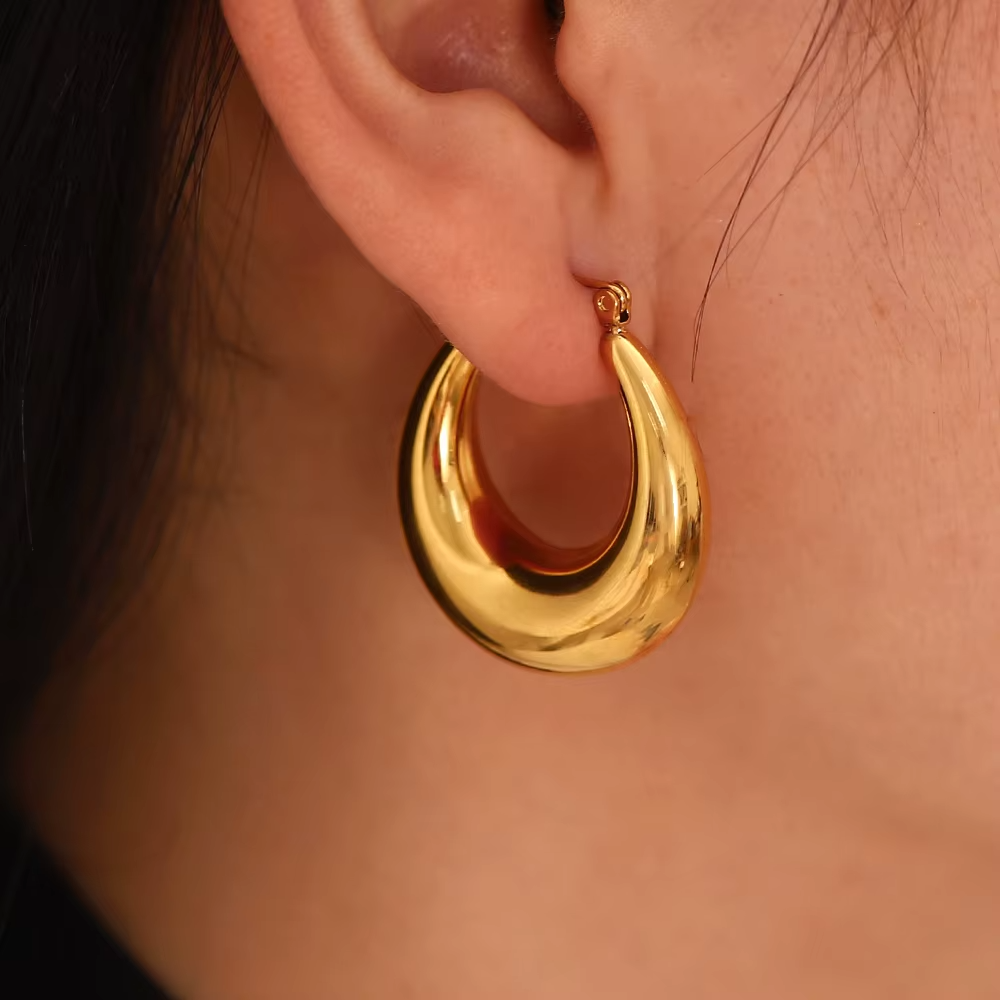 18K Gold Plated Stainless Steel Classic Smooth Thick Hoop Earrings for Women0