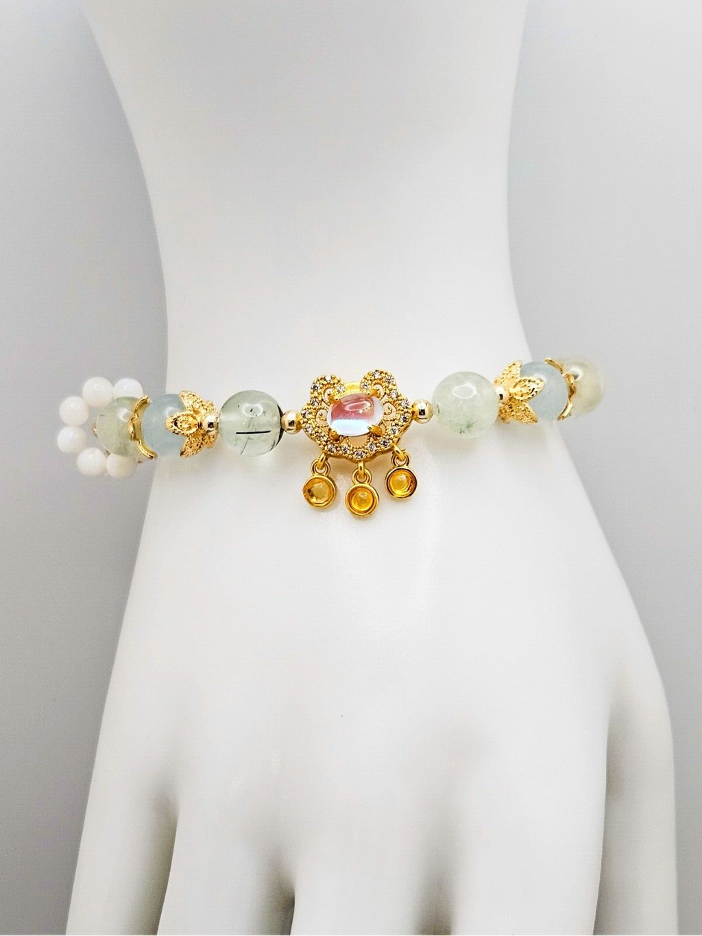 Natural Light Green Jade Wishful Charms Beaded Bracelet, Gift for Her4