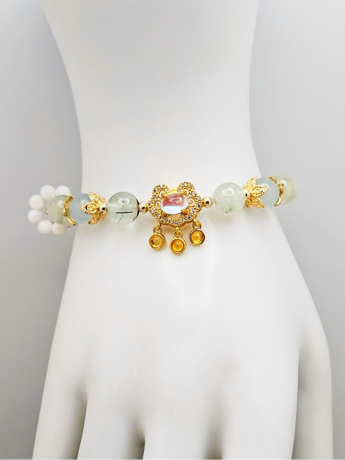 Natural Light Green Jade Wishful Charms Beaded Bracelet, Gift for Her4