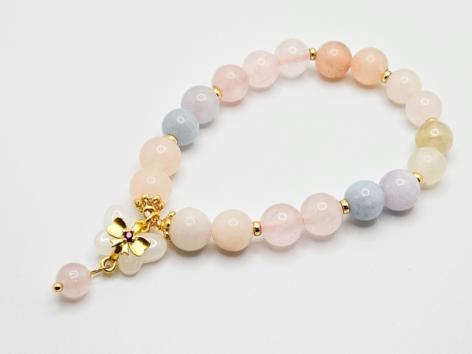 Natural Crystal Candy Color Stone Beads Bracelet, Pink Morganite Butterfly Charm0