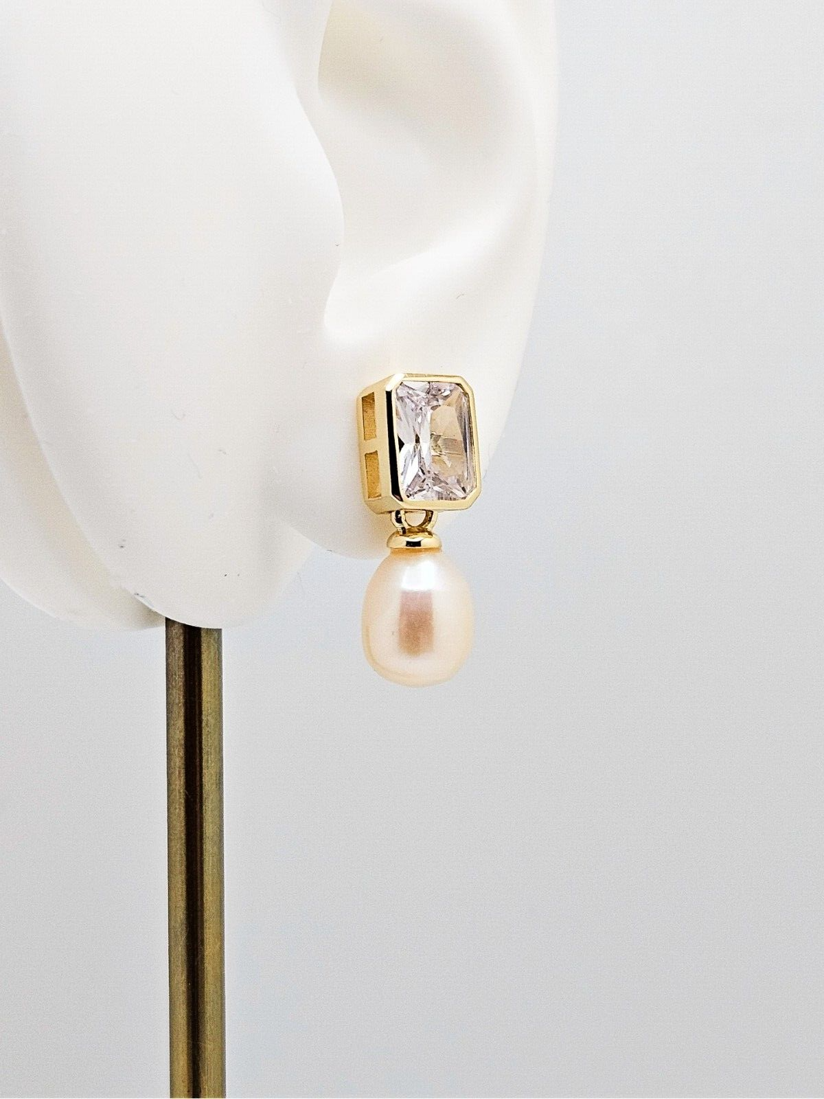 14K Gold Plated Sparkle Baguette Cubic Zirconia w/Freshwater Pearl Drop Earrings0