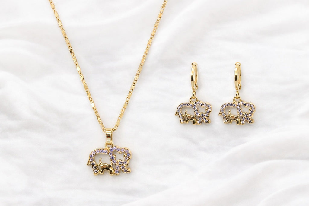 18K Gold Plated Elephant Jewelry Set Necklace and Earrings Purple CZ 18”4