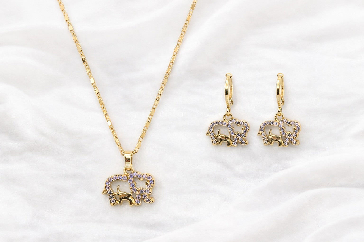 18K Gold Plated Elephant Jewelry Set Necklace and Earrings Purple CZ 18”4