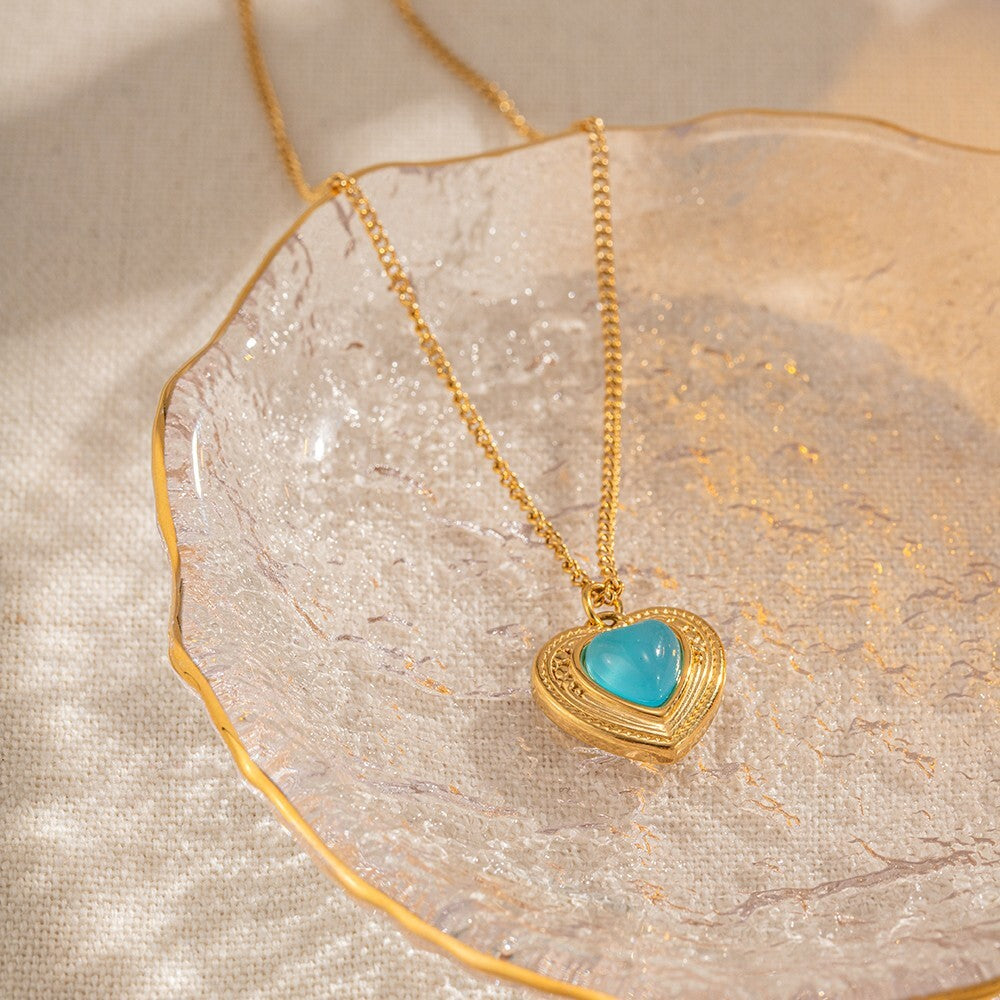18K Gold Plated Stainless Steel Heart Pendant Necklace, Heart Turquoise Stone2