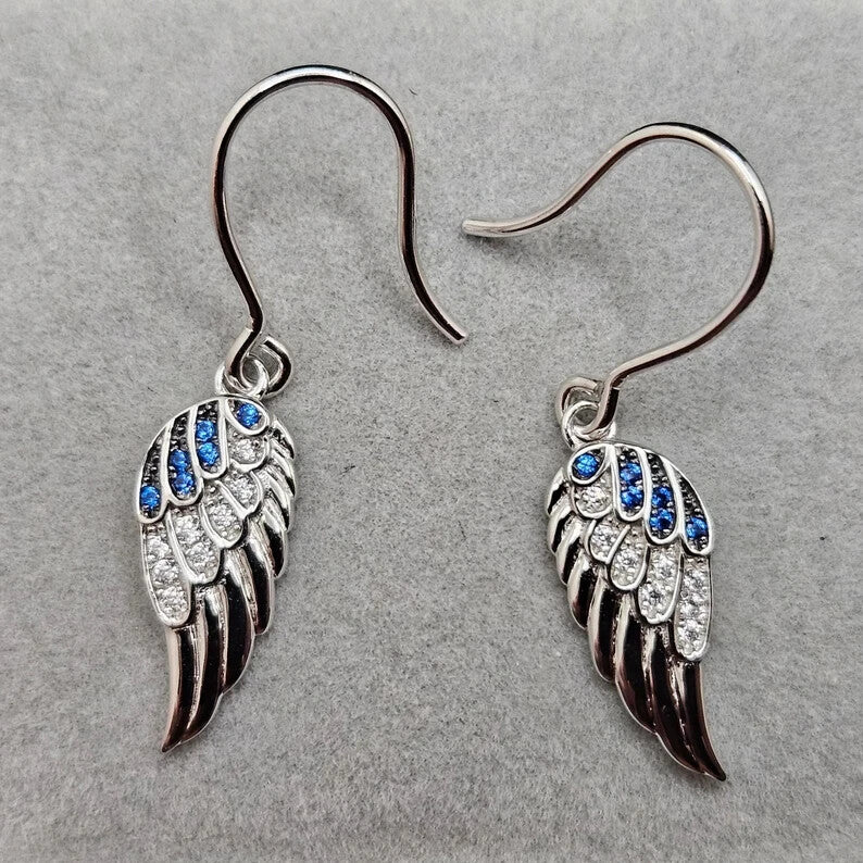 925 Sterling Silver Blue Gem Angel Wings Drop Earrings1
