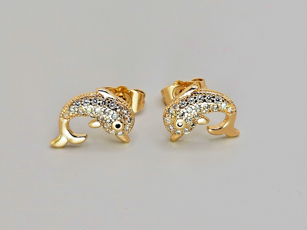 18K Gold with White Clear Cubic Zirconia Dolphin Stud Earrings0