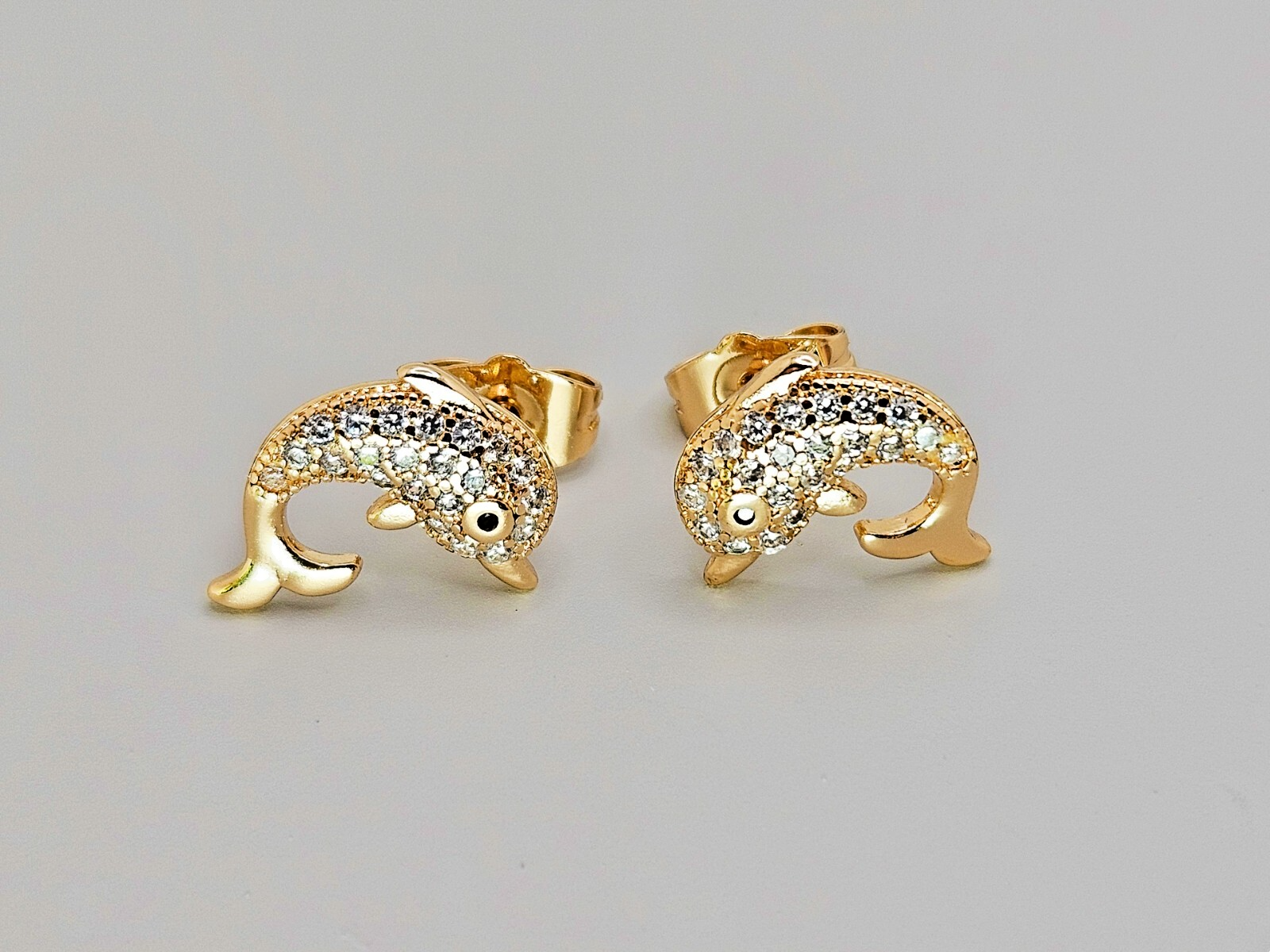 18K Gold with White Clear Cubic Zirconia Dolphin Stud Earrings0