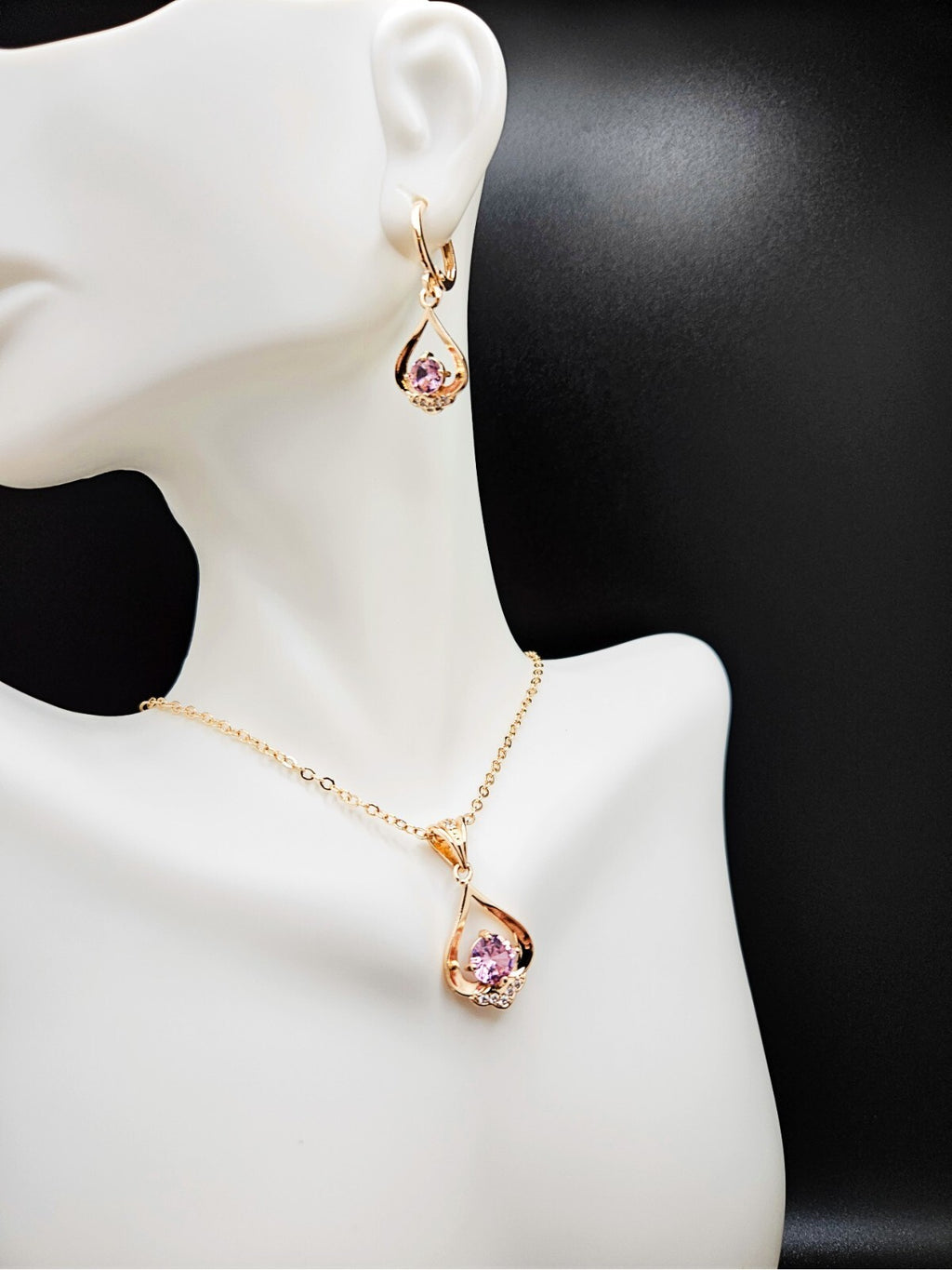 18K Gold Plated Necklace and Earring set 3 piece with Soft Pink & Cubic Zirconia4