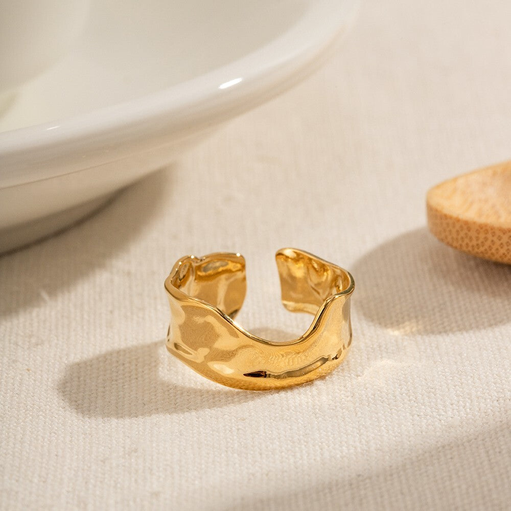 18K Gold Plated Stainless Steel Adjustable Wave Ring, Waterproof Jewelry0